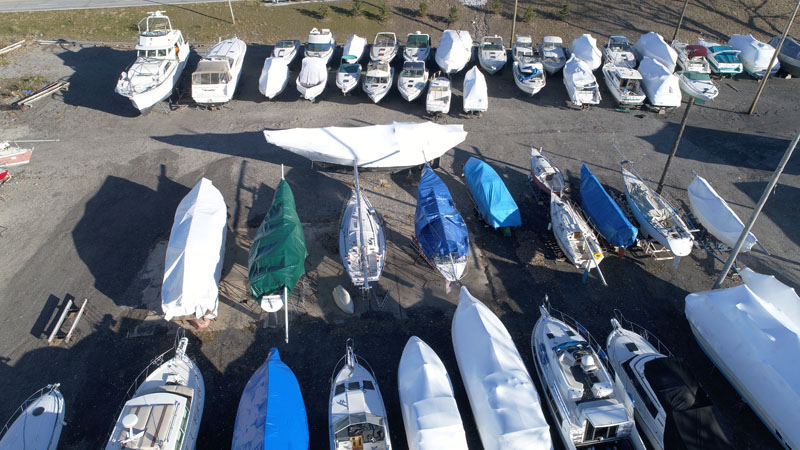 Outdoor boat storage at Sunset Bay Marina in Chicago, Illinois.